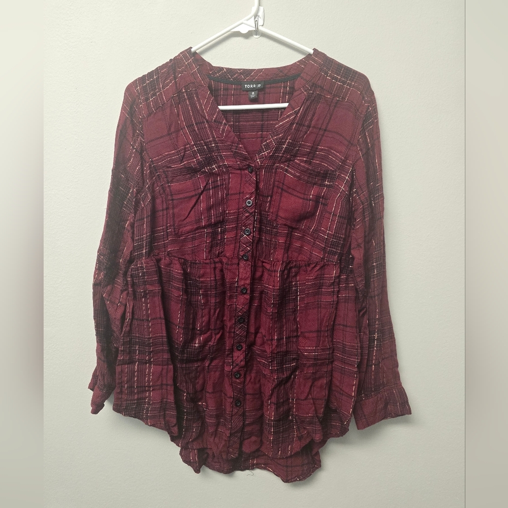 Torrid button down plaid gold metallic stitching size 0
